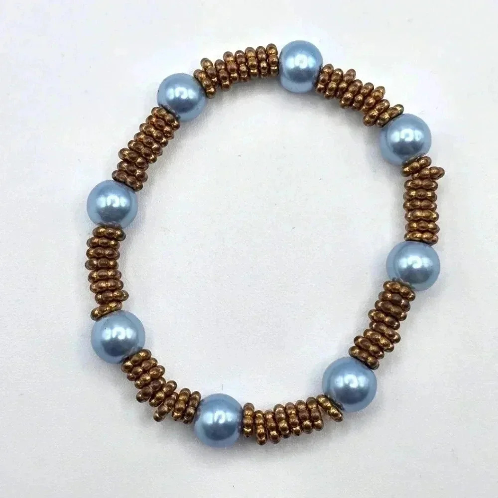 Blue Beaded Boho Elastic Adjustable Bracelet Gold Beads Fashion Jewelry